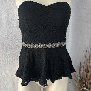 Papaya Black Lace Strapless Peplum Top with Beaded Waist - Size L